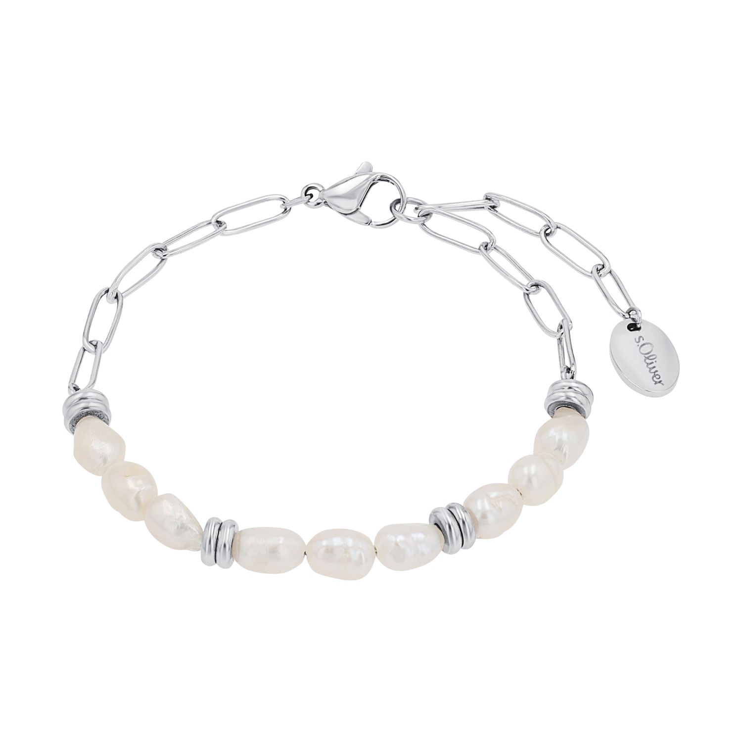 Armband S.OLIVER "2039728", silber (edelstahlfarben, weiß), Armbänder, Damen, 20cm, Edelstahl Perlen, Edelstahl, Perlen, mit Süßwasserzuchtperle Image