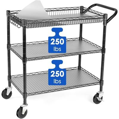 Heavy Duty 3 Tier Utility Cart,Wire Rolling Cart with Wheels, Commercial Grade Service Cart with Shelving Liners