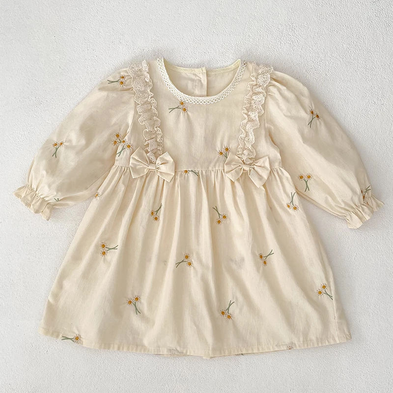 Herbst Stickerei Blumen Kleid 2-7Yrs Mädchen Party Kleid Lange Ärmeln Baumwolle Kinder Prinzessin Kleider Kinder Kleidung Schwester Kleid Image