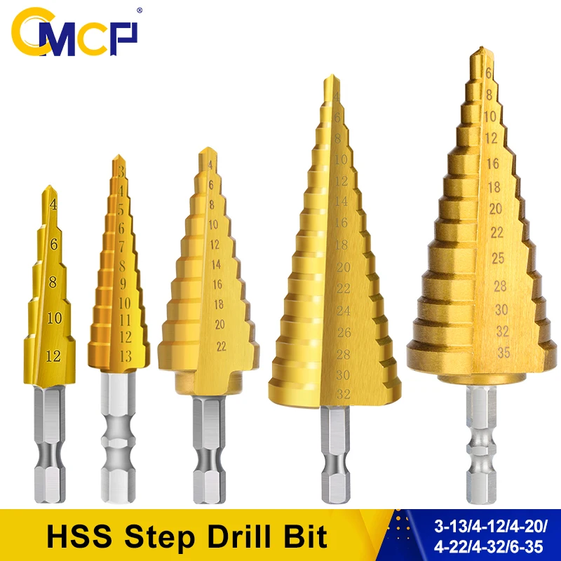 CMCP HSS-Titanbeschichteter Stufenbohrer, gerade Nut, 3–13, 4–12, 4–22, 4–32, 6–35 mm, Holz, Metall, Lochschneider, Kernbohrer-Set Image