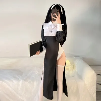 Frau Nonne Cosplay Kleid Sexy Enges Kostüm Halloween Party Rollenspiel Outfit Erwachsene Schwarz Image