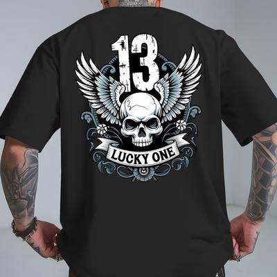 TEMU Luck 1 13 Men's Graphic Back Print Short Sleeve T-shirt - Vibrant Yellow With 13, Wings & Skull Design, Breathable Round Neck Casual Summer Top For Beach Vacation & Casual Attire, Beach Wear Image