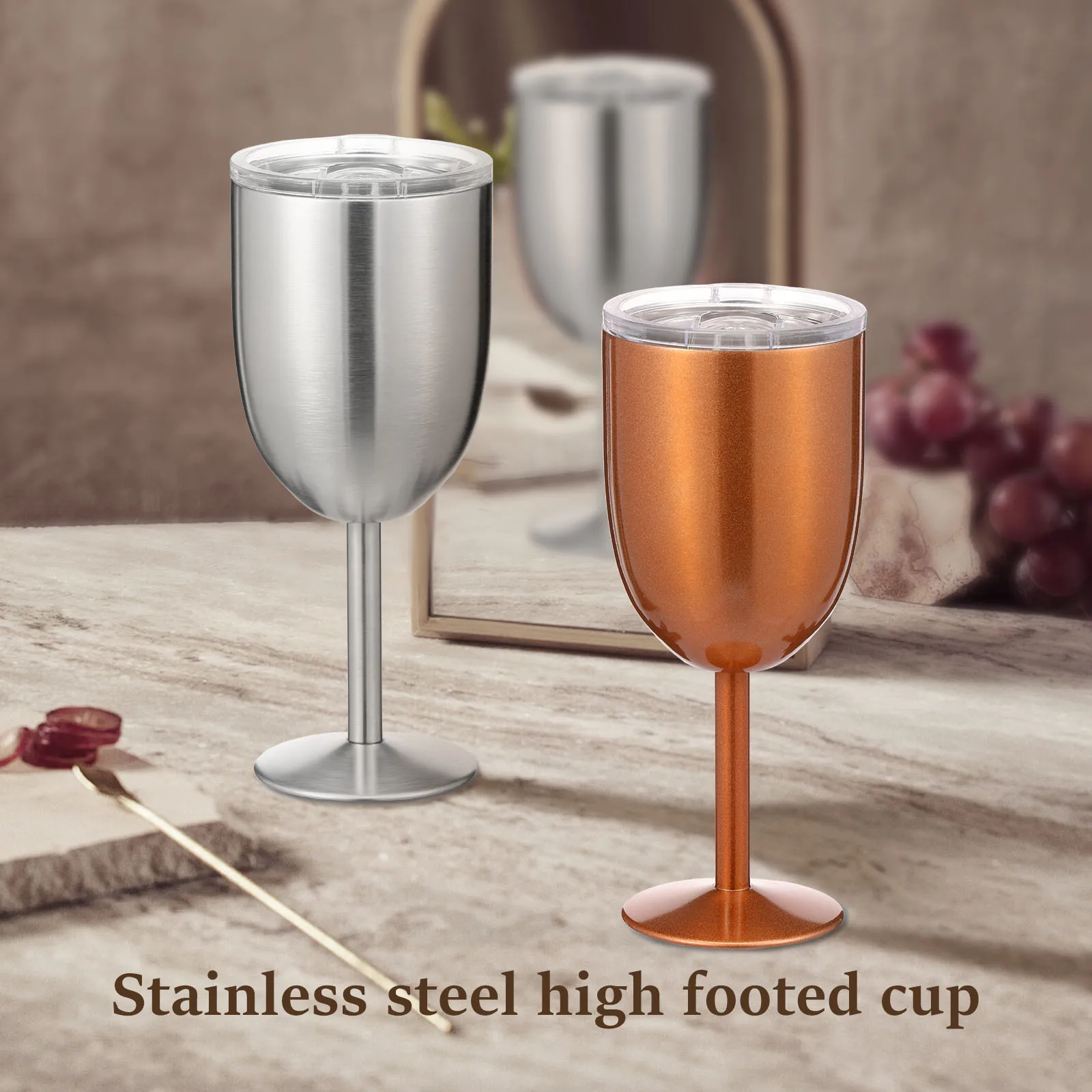 Weinkelch aus Edelstahl 304, mit Deckel, auslaufsicher, isoliert, doppelwandiges Weinglas, Weingeschirr für Party-Kerzenlicht-Abendessen Image