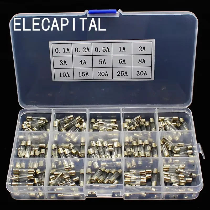 150 Stück 5 x 20 mm flinke Glasrohrsicherungen, Auto-Glasrohrsicherungen, sortiertes Kit mit Box, Fusiveis, 15 Arten, 0,1 A–30 A, Haushaltssicherungen Image