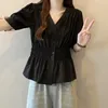Mode Schwarz Weiß Plissee Shirt Für Frauen Einfarbig V-ausschnitt t-shirt Weibliche Elegante Abnehmen Bluse Femme Große-größe
