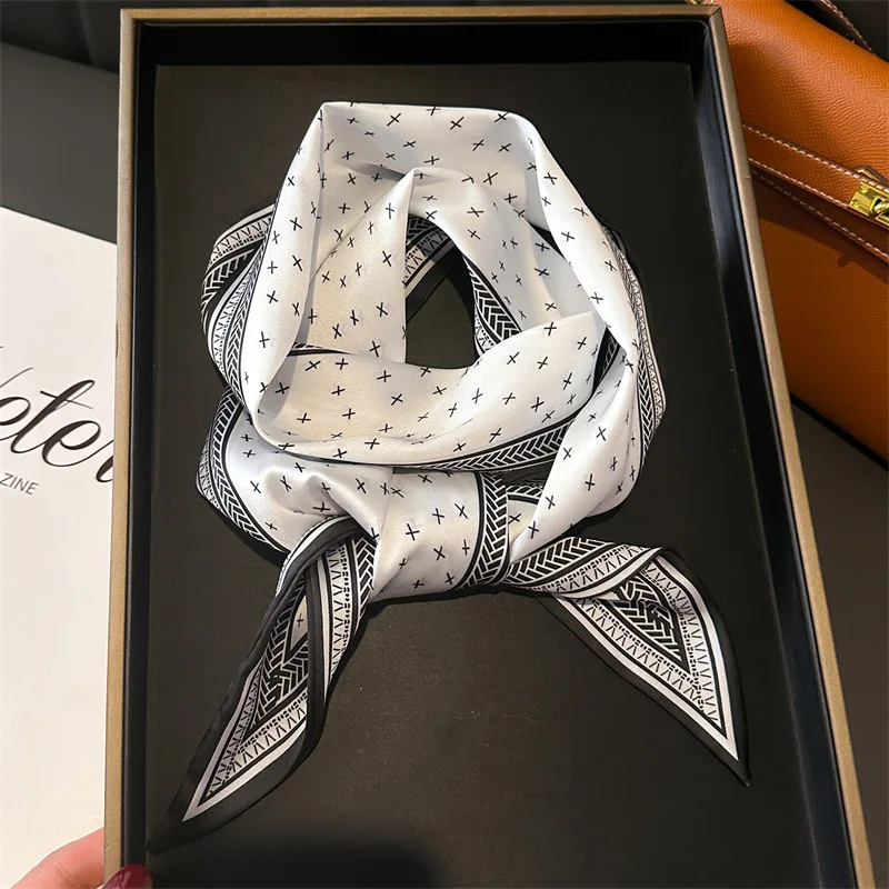 Luxus Frau Dünne Satin Schal 147x14 cm Lange Haar Streifen Band Kleine Hals Schals Tasche Griff Band schal Kopftuch Damen Krawatte Image
