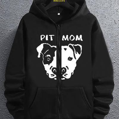 TEMU Pit Mom Hoodie With Cartoon Dog Print, Zippered Hoodie With Kangaroo Pocket, Casual Long Sleeve Hooded Sweatshirt, Unisex Polyester Hoodie For All Image