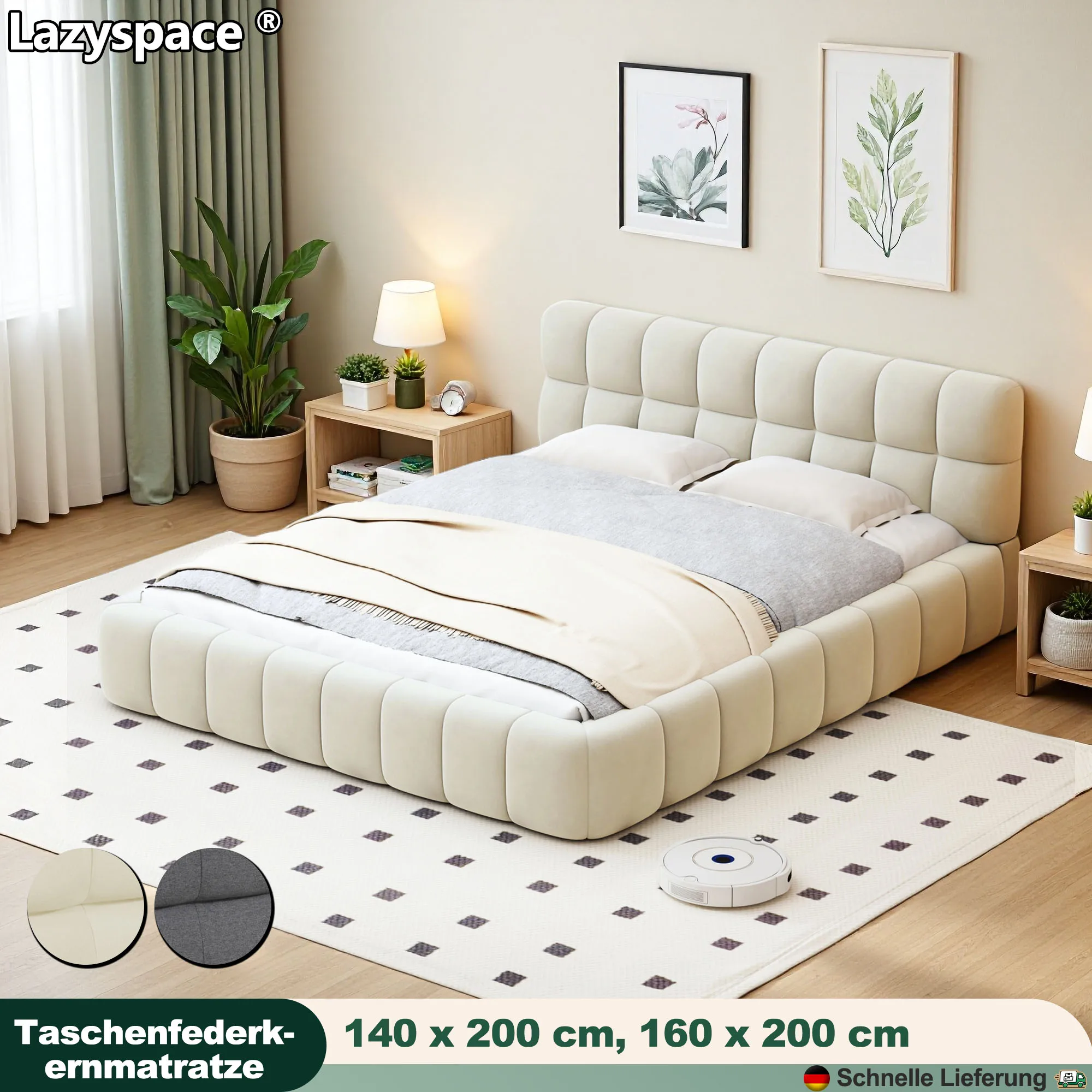 Lazyspace Leinen-Polsterbett, Einzel- und Doppelbettgestell mit weichem kariertem Kopfteil, sanftes und verträumtes Bett für Mädchen Image