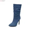 Damen Denim Cowboystiefel High Heels Winter Warme Schuhe Extra Große Größe 45 46 47 48
