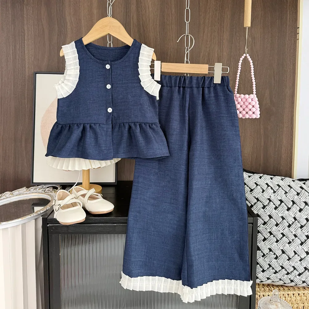 Koreanische Version Mode Blau und Weiß Farbe Blockiert Set Ärmellose Spitze Einreiher Top + Hosen Zwei-stück Set sommer Täglich Image