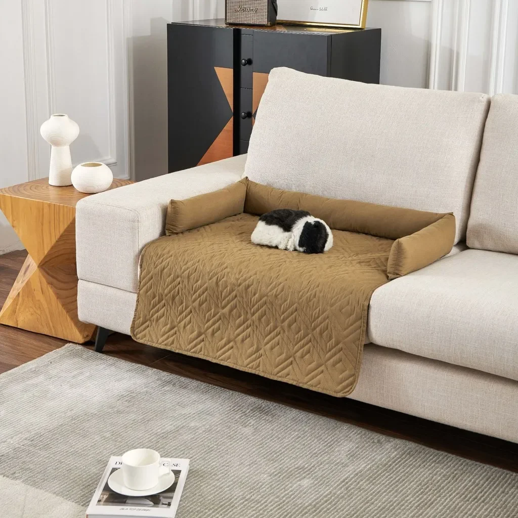 Hunde-Sofabett-Pad mit Nackenkissen, wasserdicht und feuchtigkeitsbeständig, karierte Haustierdecke, Matte für den Innenbereich, für Katzen, beruhigendes Nestzubehör