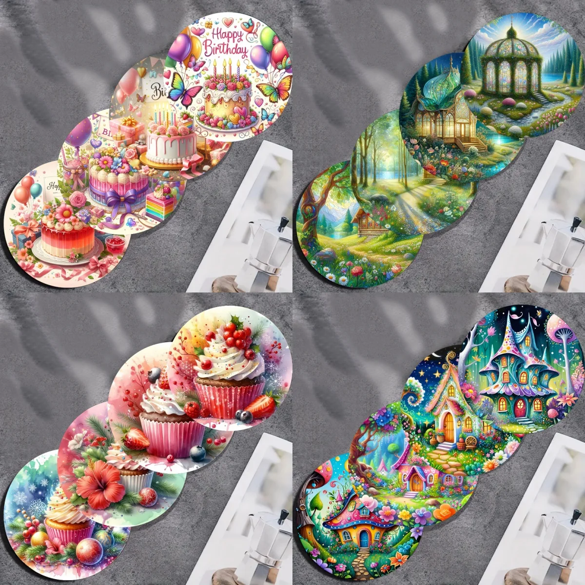 4 Stück verträumte und farbenfrohe Untersetzer mit Kuchenmuster, rutschfeste Holzuntersetzer, geeignet für die Küche, Büro und Party zu Hause Image