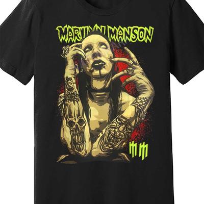 TEMU Marlyn Manson Men's Skull & Tattoo Graphic T-shirt - Neon Green Band Print, Slim Fit Casual Tee, Machine Washable Black Rock Merch For Wear, Concert Attire, , Durable Fabric Image