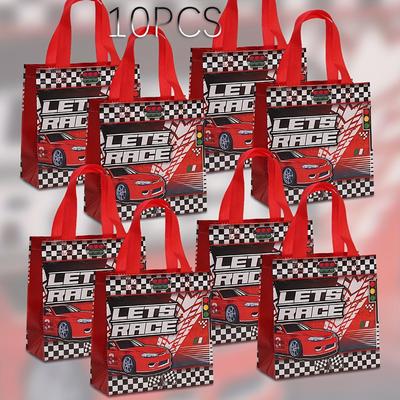 TEMU 10pcs Race Car Print Non-woven Tote Bags - 20x20x9cm Polyester Gift Bags For Racing Party Favors, Goodie Bags, And Event Giveaways, Event Giveaways | Racing Theme | Durable Handles, Image