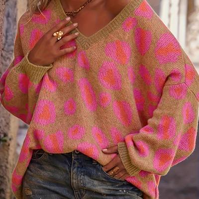 TEMU Women's Casual Loose Fit V-neck Sweater - Long Sleeve Color-block Pullover Sleeves, Soft For Autumn Winter Layering, Autumn Fashion, Textured Fabric Image