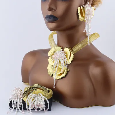 African Weddings Jewelry Set for Women Luxury Pearl Design Necklace and Earrings Gold Color Bangle Ring Set for Engagement Gifts