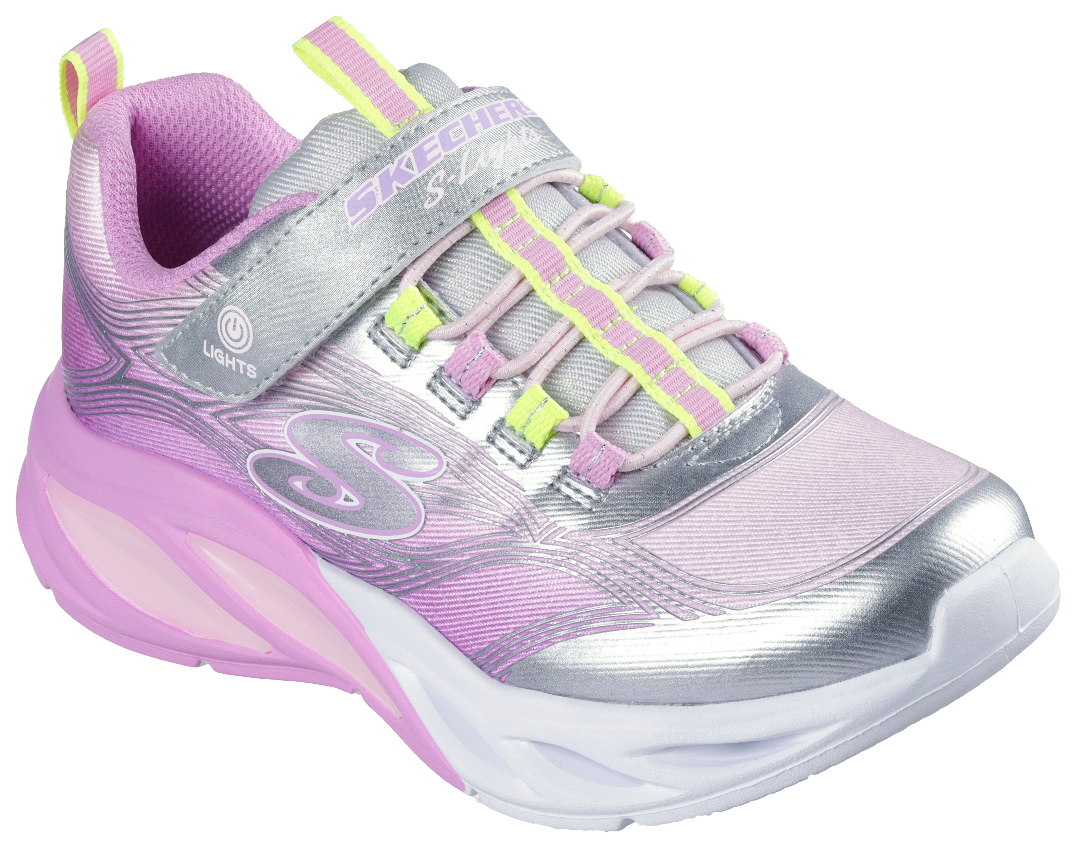 Sneaker SKECHERS "COSMIC GLOW LIGHTS", Kinder, Gr. 29, bunt (silberfarben, rosa), Lederimitat, Textil, kontrastfarbene Details, Schuhe, Klettschuh mit Glitzer, Größenschablone zum Download Image