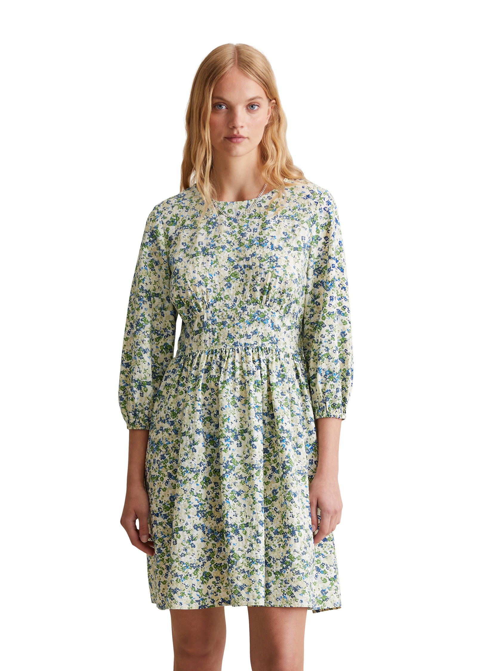 Druckkleid MARC O'POLO DENIM "aus LENZING™ ECOVERO™-Mix", Damen, Gr. XXL, Normalgrößen, blau (medium blau), Obermaterial: 73% Viskose, 27% Baumwolle, bedruckt, regular fit knielang, Rundhals, Kleider Druckkleid