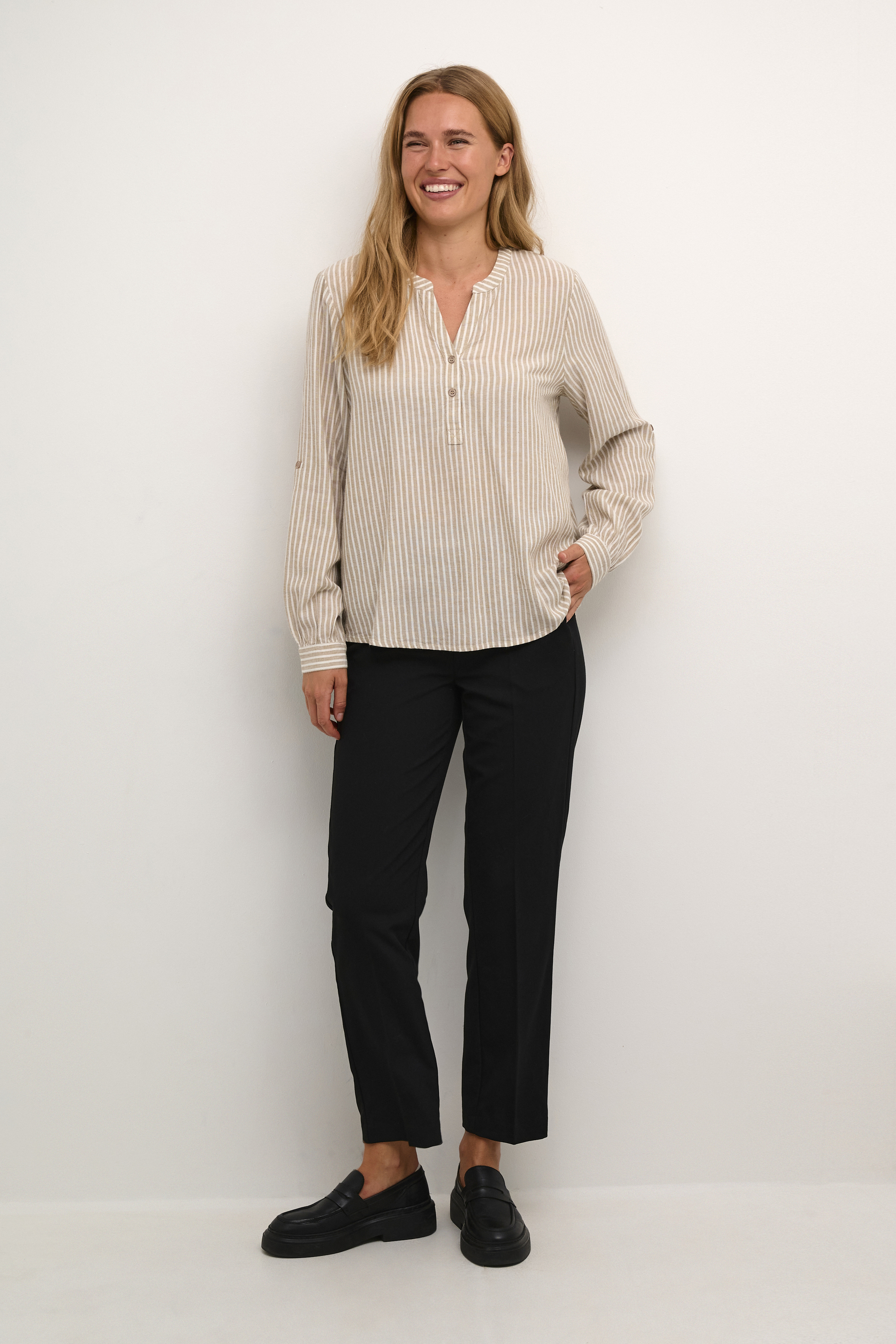 Langarm-Bluse Regular fit Chinchilla/Chalk Stripe beige Image