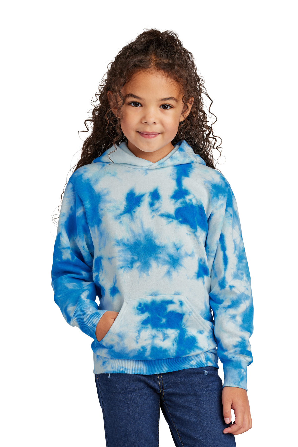 Port & Company PC144Y Youth Crystal Tie-Dye Pullover Hoodie in True Royal Blue size XS | 80/20 cotton/Polyester blend