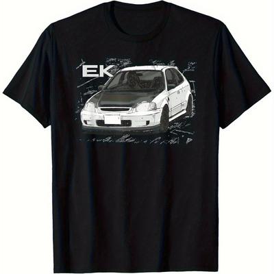 TEMU Men's Jdm Ek Si Hatch Red Anime Graphic T-shirt - 100% Cotton Casual Round Neck Short Sleeve Tee, Regular Fit S-xxxl, Machine Washable Automotive Enthusiast Gift Image