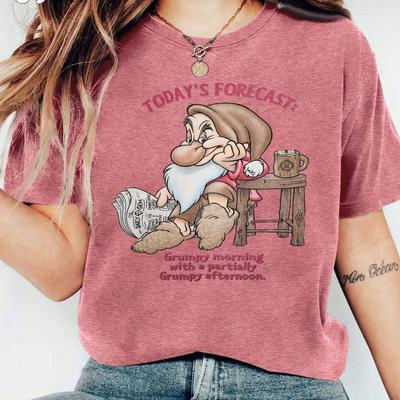 "TEMU Women's Dwarf Graphic T-shirt - Maroon Casual Crew Neck Tee With Coffee Mug & ""today's Forecast"" Design, Machine Washable For Lounge & , , Cartoon Print, Soft Fabric, Printed Shirt, Pop Fans"
