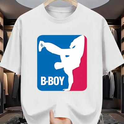 TEMU Men' Dance Graphic Print T-shirt - With Breakdancer Silhouette & '' Text, Casual Round Neck Summer Tee For Dance Competitions, Casual Wear - Machine Washable Image