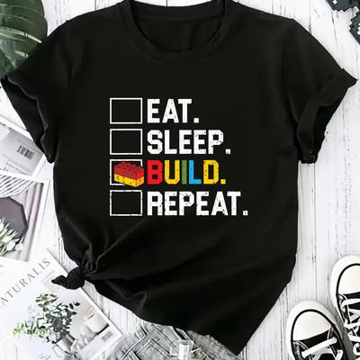 "TEMU Women's Plus Size T-shirt, " Build " Bricks Blocks Graphic, Casual Crew Neck, Short Sleeve, Lightweight, Soft, Summer Fashion Top, Polyester, Knit Fabric, All" Image