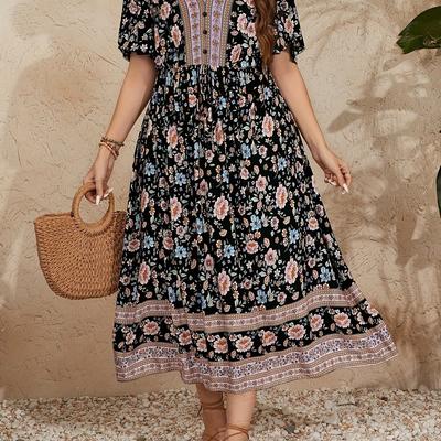 TEMU Plus Size, Plus-size Long Printed Dress With Random Neckline Fabric Image