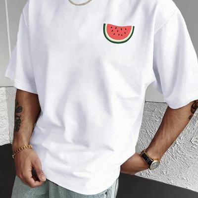 TEMU Mens Casual Summer T-shirt With Watermelon Illustration - Black, Short Sleeve, Round Neck, Lightweight & Breathable, Casual Attire, Casual Summer Wear Minimalist Graphic Tee Image
