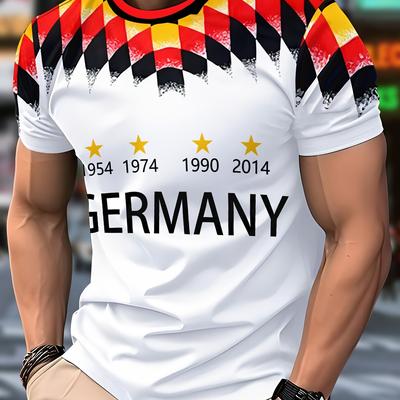 "TEMU Men's Casual "germany" Graphic T-shirt - White With Red, Black, And Yellow Checkered Shoulders, Star And Year Design, Polyester, Regular Fit, Casual Wear||stretchy Fabric" Image
