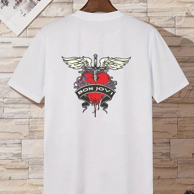 TEMU Love Heart & Graphic Tee - Men's Casual Short-sleeve T-shirt For Summer, Breathable Polyester Fabric Image
