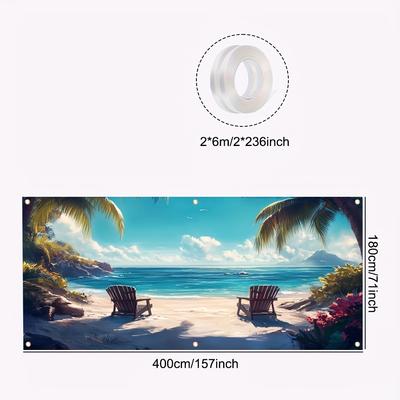 TEMU 2d Door Banner, 1pc Large Garage Door Banner - Scene With Wooden Deck Chairs And , Polyester, Ideal For Indoor/outdoor Parties, Garden Events, And Commercial Use, Beach Theme Decor Image