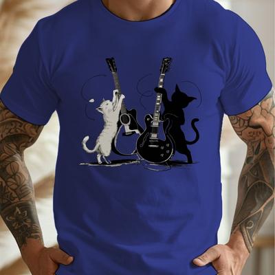 TEMU Men's Rock & Roll Cats Graphic T-shirt - Casual Polyester, Crew Neck, Short Sleeve Tee With Guitar-playing Cats Design, Machine Washable, Summer Wear, Cat Shirt Image