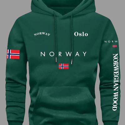 TEMU Kourrter Men's Norway Flag Graphic Hooded Sweatshirt - Royal Blue Relaxed Fit Pullover With Front Pocket, Machine Washable Autumn Winter Casual Wear, Geometric Pattern, Durable Fabric Image