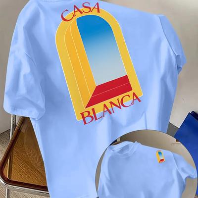 "TEMU Men's Casual Light Blue T-shirt With "" Graphic Print - Vibrant Yellow & , Short Sleeve, Round Neck, Comfortable Summer Tee For Casual Attire, Everyday Tshirt | Vibrant Print Tee | , T Shirts" Image