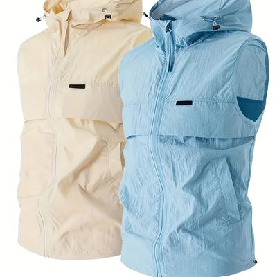TEMU Elson Obm 2pcs Unisex Lightweight Breathable Sleeveless Zip-up Hooded Vest With Multiple Pockets Image