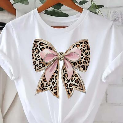 TEMU Women's Leopard Print Bow T-shirt, Short Sleeve Crew Neck Casual Top For , Fashionable Pink Graphic Tee With Golden Accents, Ladies T Shirts Image