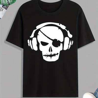 TEMU ] Men' Casual Graphic T-shirt With Skull & Headphones Print - Soft Polyester, Round Neck, Short Sleeve, Lightweight & Breathable For Casual Attire, Skull T Shirt Image