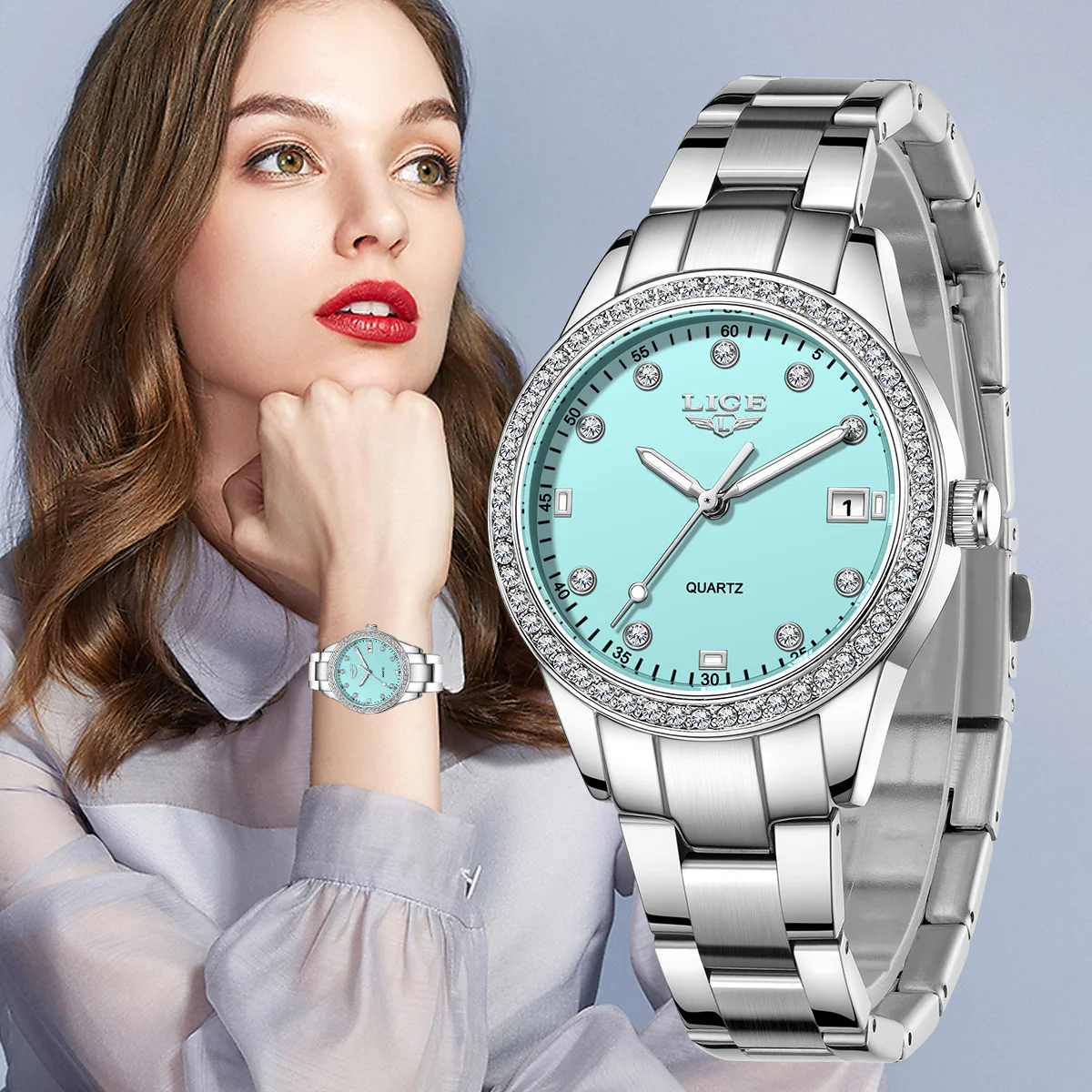 LIGE Neue Luxus Diamant Zifferblatt Quarzuhr für Frauen Mode Elegante Damen Uhren Edelstahl Wasserdichte frauen Armbanduhr Image