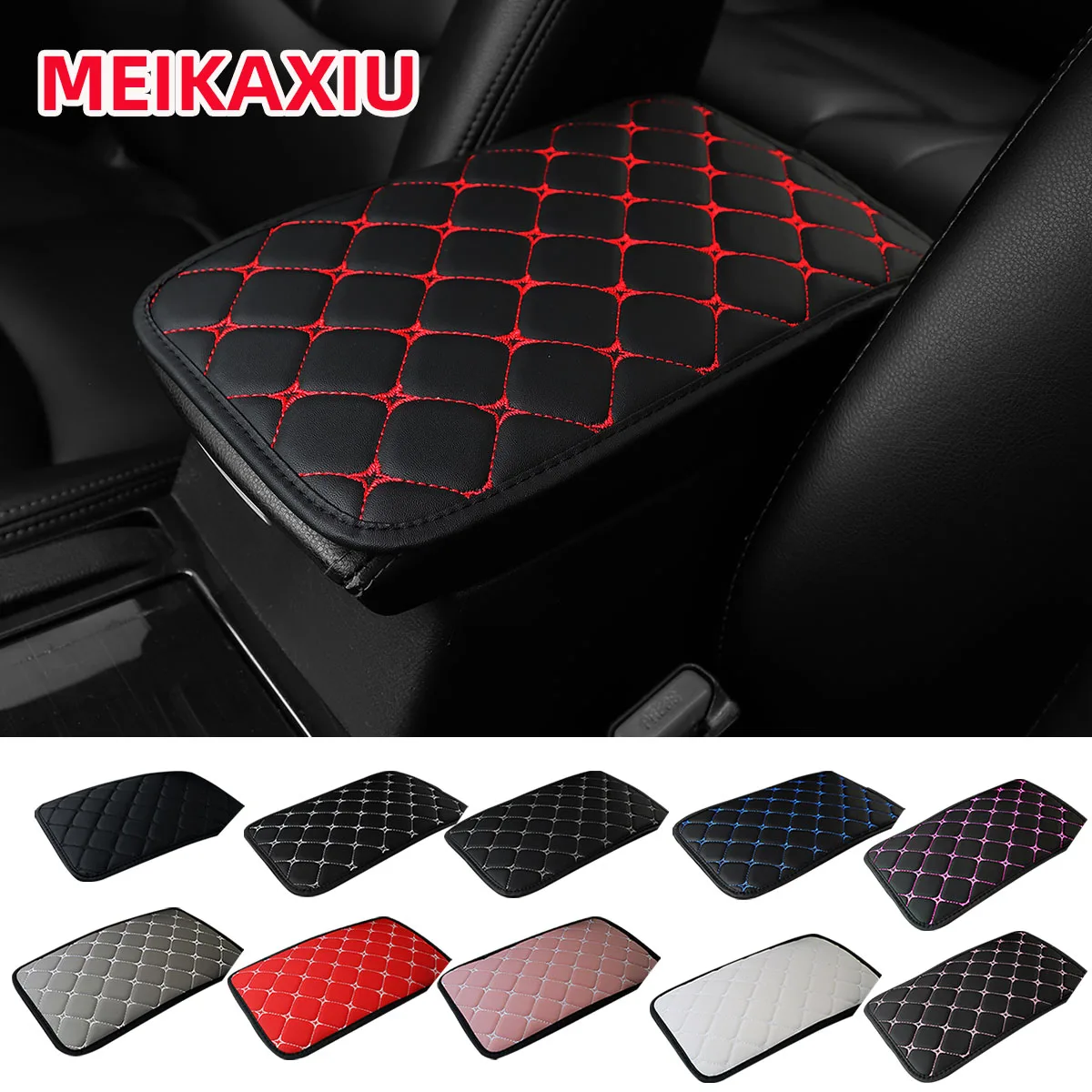 Ein vier Jahreszeiten Allzweck-Leder besticktes dreidimensionales Gitter-Auto-Armlehnenkissen Autoinnenraum 32 x 19 cm für Damen Image