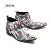 Drucke Graffiti Chelsea Stiefel für Männer Metall Schnalle High Heels Stiefeletten Punk Niet Echtes Leder Schuhe Business Runway Schuhe