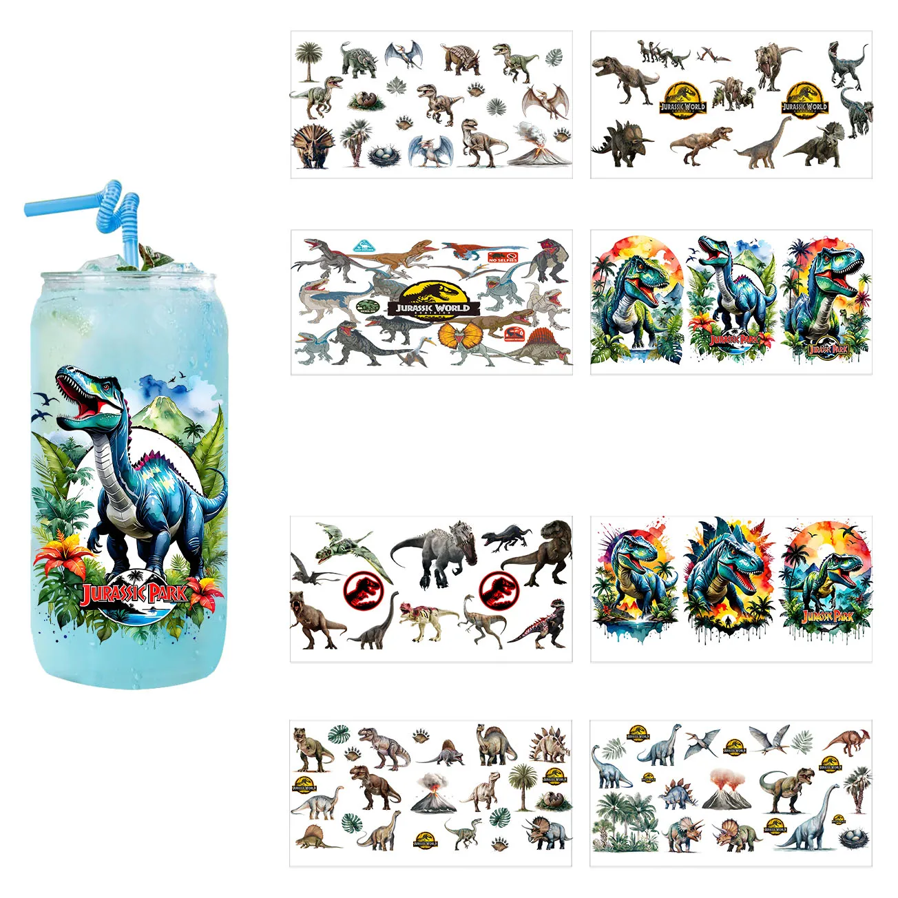 3D Sticker UV DTF 16oz Cup Warps Dinosaur Artwork Collection UV DTF Coffee Can Wraps For Libbey Glass Wraps