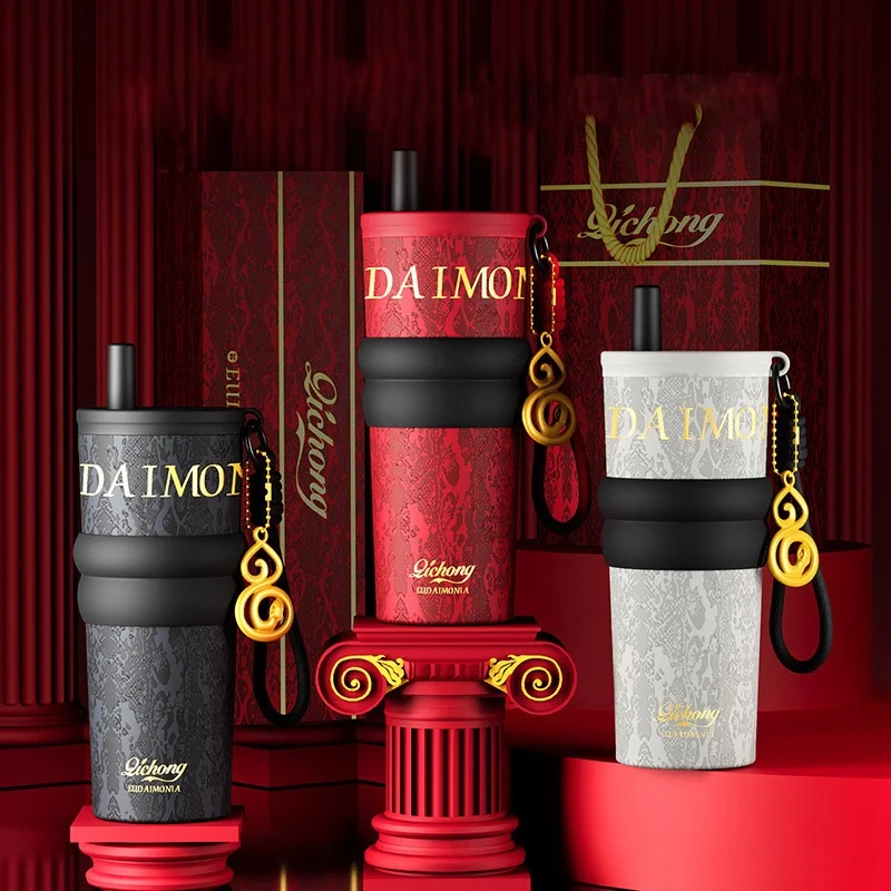 High-End-Luxus-Wasserbecher „Year of The Snake Limited“, hochwertiger, einfarbiger Wasserbecher, Doppeldrank, Doppeldeckel, Strohhalm-Wasserbecher Image