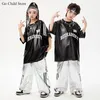 Jungen Hip Hop Glänzendes T-shirt Street Dance Silber Cargo Hosen Mädchen K-pop PU Leder Kleidung Set Kind Streetwear Kinder jazz Kostüm