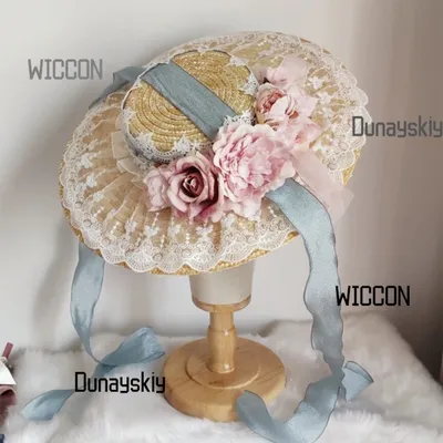 Pastellfarbener Cottagecore-Lolita-Strohhut mit Blumenmuster, französische Mütze, breite Krempe, Image
