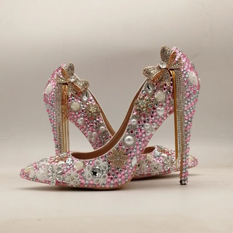 Luxus Quaste Bogen Kristall Strass Hochzeit Braut Schuhe Fee Stil weiß rosa Perle Bankett 5cm 8cm 10cm hochhackige Schuhe 43