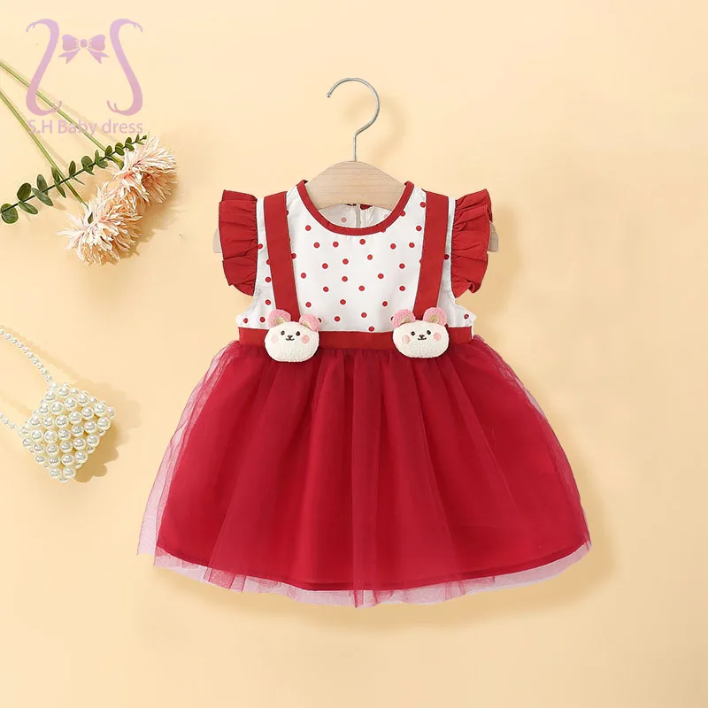 Kleinkinder Sommermode Kleid Rote Punkte Kinderkleidung Entzückende Bären Kinderkostüm 1-3 Jahre Baby Mädchen Kleider Neugeborene Alltagskleidung Image