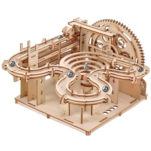 Hand Crank Marble Run Wooden Model Kit, 3D Wooden Puzzle Machine Model Kit, Self Assembly Creativity Marble Run Building Kit, Mechanical Model Building Craft for Teens and Adults (Natural Color 139pcs