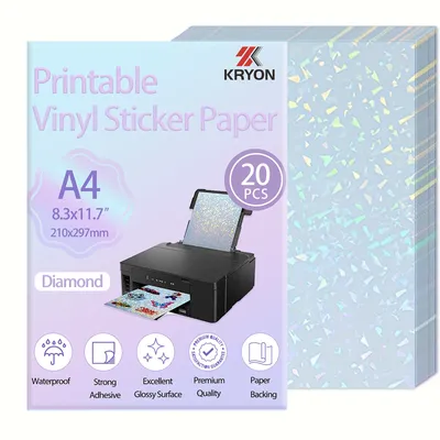 A4 20 Sheets Diamond Holographic Sticker Paper for Inkjet & Laser Printer Waterproof Clear Vinyl Sticker Sheets Self-Adhesive